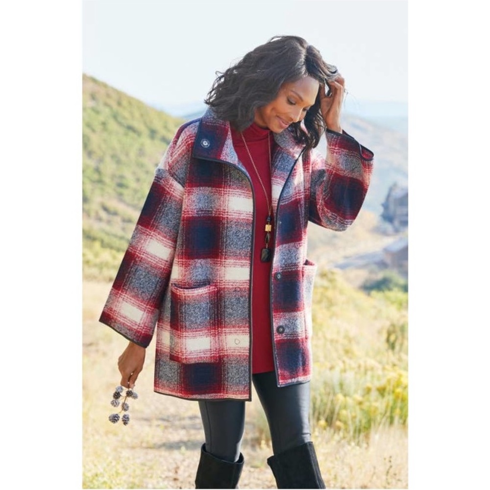Soft Surroundings MEDIUM Cabin Life Red Shadow Plaid Wool Blend Car Coat - Picture 2 of 8
